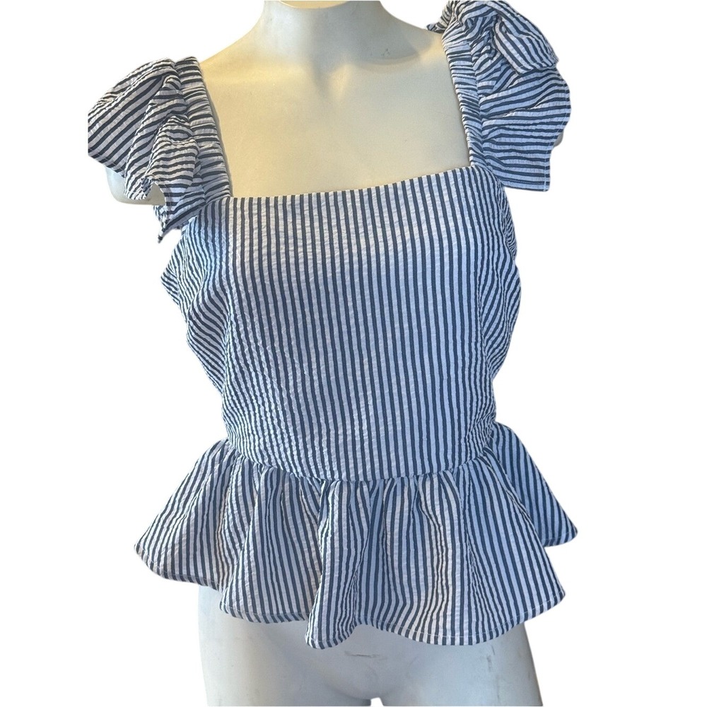 Navy White Seersucker Stripe peplum  Ruffle Sleeve Open Tie Back Peplum Top S